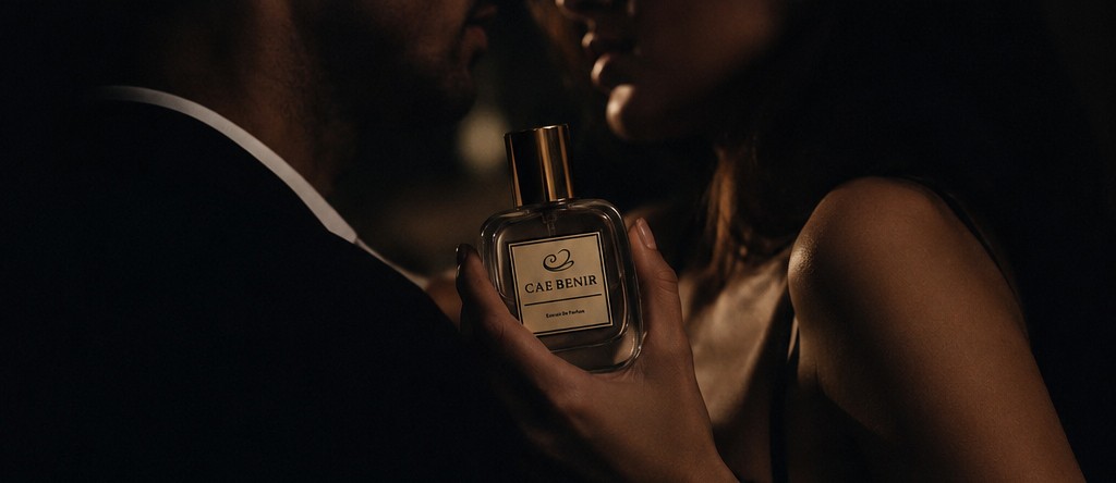 A hand holds a CAE BENIR fragrance bottle between two figures in warm, intimate light